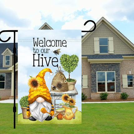 bright honey bee gnome garden flag, sunflowers bee hive gardening decor, garden gifts, welcome to our bee hive yard sign, Spring Summer yard