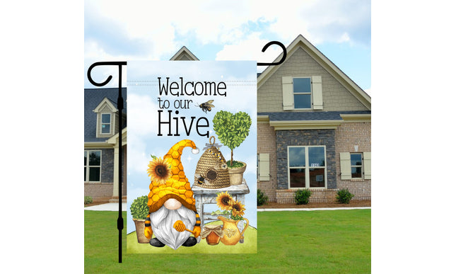 bright honey bee gnome garden flag, sunflowers bee hive gardening decor, garden gifts, welcome to our bee hive yard sign, Spring Summer yard
