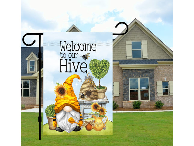 bright honey bee gnome garden flag, sunflowers bee hive gardening decor, garden gifts, welcome to our bee hive yard sign, Spring Summer yard