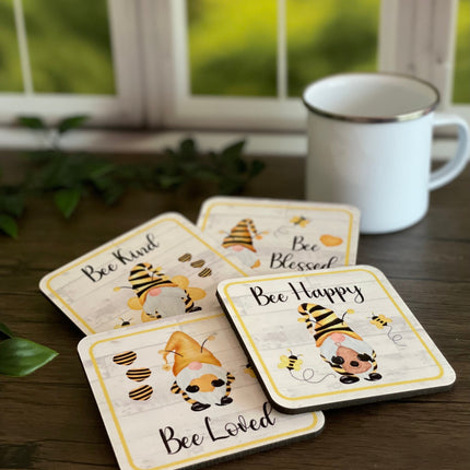 Bee Gnome Coaster Set: Honeybee Table Decor (Set of 4)