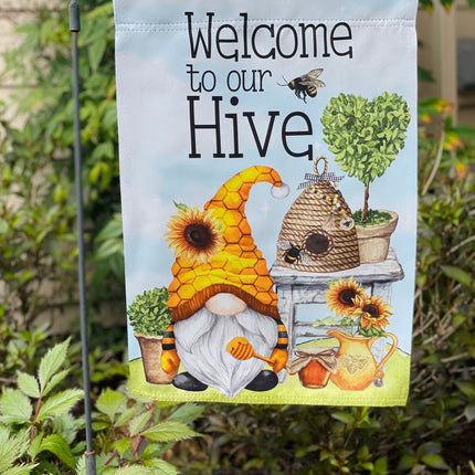 bright honey bee gnome garden flag, sunflowers bee hive gardening decor, garden gifts, welcome to our bee hive yard sign, Spring Summer yard