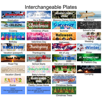 Collage titled “Interchangeable Plates” showing a variety of removable message plates for a countdown sign, including Graduation, Retirement, Cruising, Birthday, Wedding, Christmas, Halloween, Summer, Vacation, School themes, Military homecoming, and holiday designs. Image highlights the wide range of interchangeable plate options available for customizing the countdown sign.