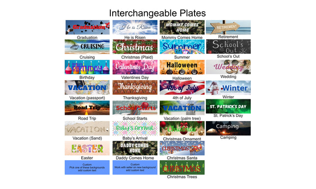 Collage titled “Interchangeable Plates” showing a variety of removable message plates for a countdown sign, including Graduation, Retirement, Cruising, Birthday, Wedding, Christmas, Halloween, Summer, Vacation, School themes, Military homecoming, and holiday designs. Image highlights the wide range of interchangeable plate options available for customizing the countdown sign.