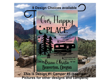 Camper Campsite garden Flag, Personalized bright Camping sign, Camp outdoor Decor, Gift outdoorsman traveler, Custom Decor rv trailer popup