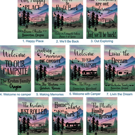 Camper Campsite garden Flag, Personalized bright Camping sign, Camp outdoor Decor, Gift outdoorsman traveler, Custom Decor rv trailer popup