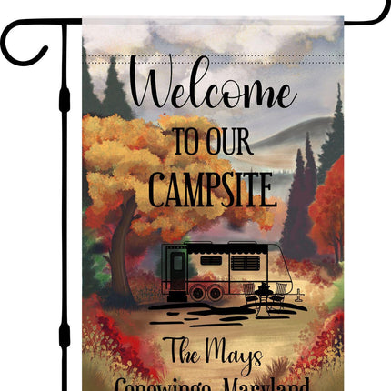 Personalized Fall Camping Garden Flag – Bright Colors, Custom RV Trailer Sign, Outdoor Decor, Perfect Gift for Campers & Travelers