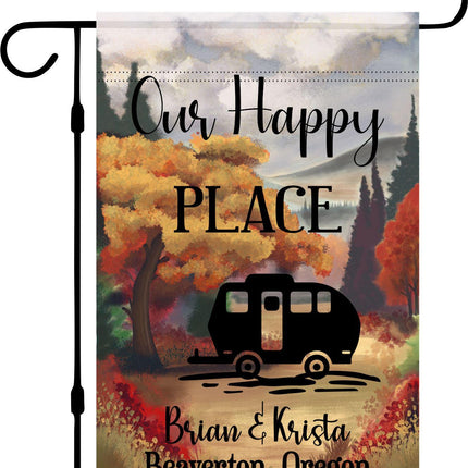 Personalized Fall Camping Garden Flag – Bright Colors, Custom RV Trailer Sign, Outdoor Decor, Perfect Gift for Campers & Travelers