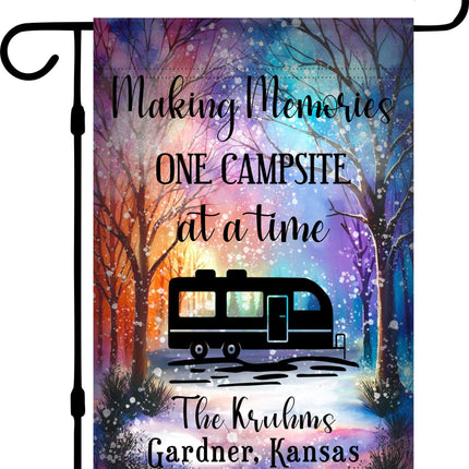 Personalized Winter Camping camper Garden Flag, Bright Colors, snow falling, Custom travel Trailer Sign, campsite Decor, Gift RV Travelers