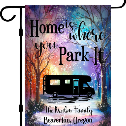 Personalized Winter Camping camper Garden Flag, Bright Colors, snow falling, Custom travel Trailer Sign, campsite Decor, Gift RV Travelers