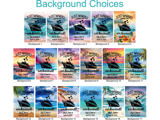 Image showing 17 background options for the “Just Married Onboard!” magnetic cruise banner. Each version features a black cruise ship graphic with hearts, palm trees, and ocean or sunset scenery. The bottom text reads “Jay & Jess ♥ April 23, 2024.” Backgrounds range from tropical sunsets and beaches to colorful ocean waves and pastel skies, labeled Background 1 through Background 17.
