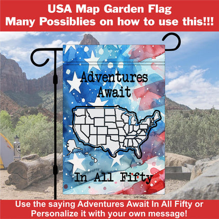 Personalized USA Map Garden Flag, Color In Travel Tracker, RV Camping Decor, Family Road Trip Gift, Outdoor Travel Keepsake, Adventure Flag
