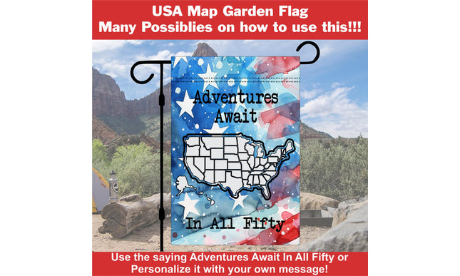 Personalized USA Map Garden Flag, Color In Travel Tracker, RV Camping Decor, Family Road Trip Gift, Outdoor Travel Keepsake, Adventure Flag