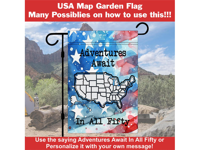 Personalized USA Map Garden Flag, Color In Travel Tracker, RV Camping Decor, Family Road Trip Gift, Outdoor Travel Keepsake, Adventure Flag