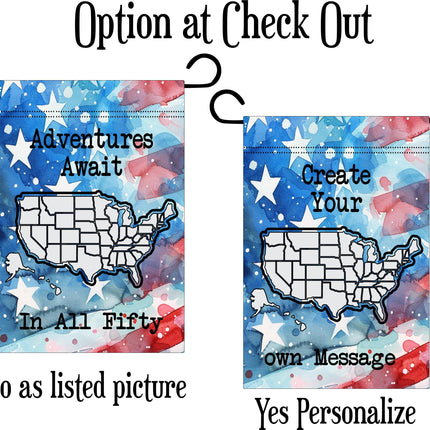 Personalized USA Map Garden Flag, Color In Travel Tracker, RV Camping Decor, Family Road Trip Gift, Outdoor Travel Keepsake, Adventure Flag