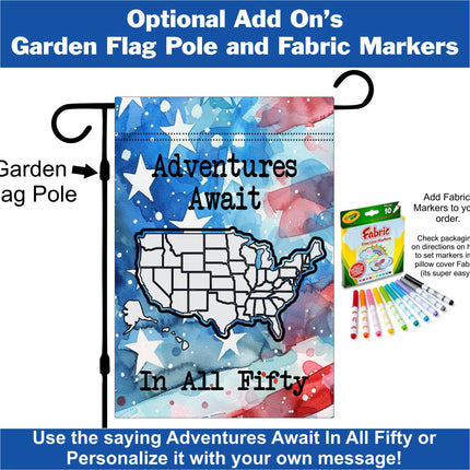 Personalized USA Map Garden Flag, Color In Travel Tracker, RV Camping Decor, Family Road Trip Gift, Outdoor Travel Keepsake, Adventure Flag