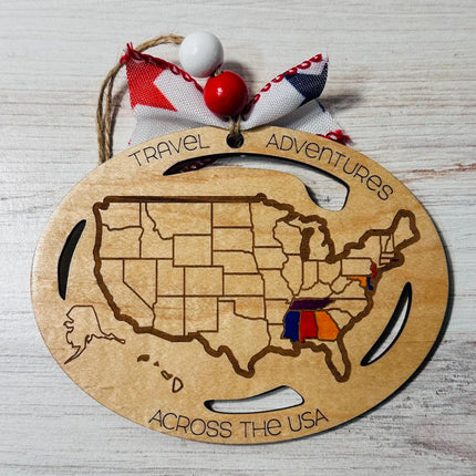 USA Ornament, States Visited Ornament, US Travel Map, USA Map, Places Traveled, Travel Tracker, Family Trip Ornament, Gift for Traveler