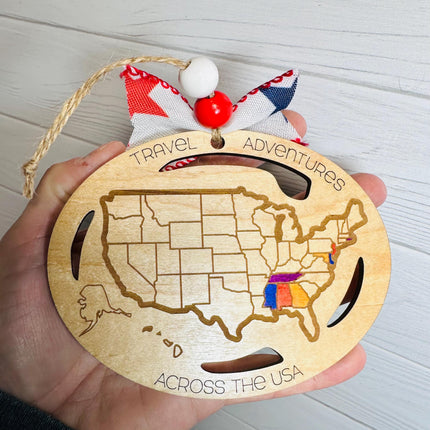 USA Ornament, States Visited Ornament, US Travel Map, USA Map, Places Traveled, Travel Tracker, Family Trip Ornament, Gift for Traveler