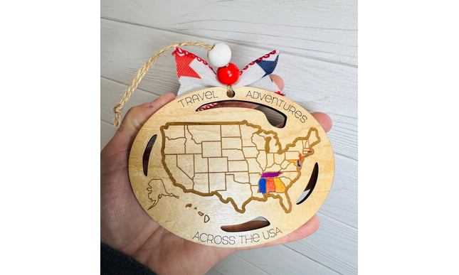 USA Ornament, States Visited Ornament, US Travel Map, USA Map, Places Traveled, Travel Tracker, Family Trip Ornament, Gift for Traveler