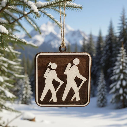 Hiking Christmas Tree Ornament, Female and Male Hikers, National Park Trail Sign Hiker Symbol,, Personalized Keepsake Gift For Backpackers