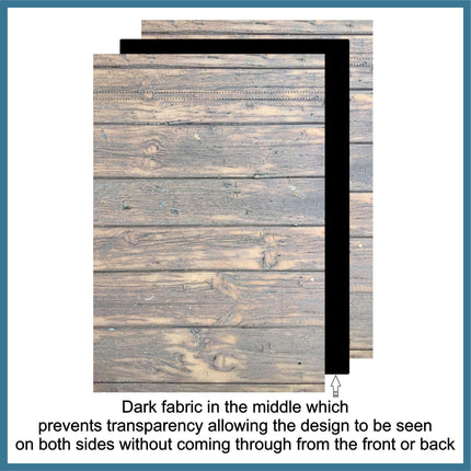 Double-sided garden flag example showing two printed wood-texture panels with a black inner layer. The dark middle fabric prevents transparency so the design appears clearly on both sides without show-through from front or back.