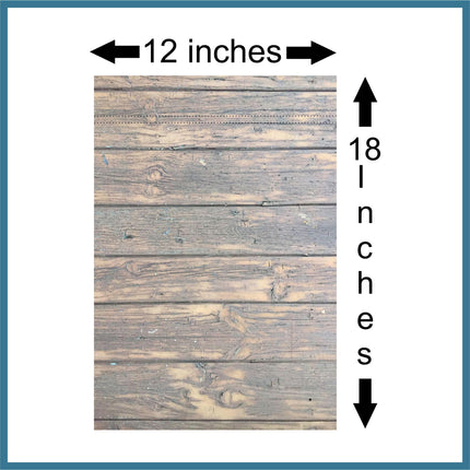 Wood-look garden flag background shown with measurements of 12 inches wide and 18 inches tall. Features a rustic brown plank design used for custom camper or campsite flags. Image helps customers see the exact flag size and design proportions.