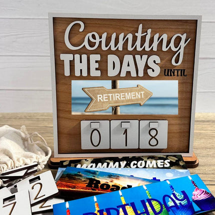 Wooden interchangeable countdown sign displaying “Counting The Days Until” with retirement plate and number tiles showing 018, including measurement details: sign 7 inches wide, stand 7.9 inches wide, and 7.5 inches tall with stand.