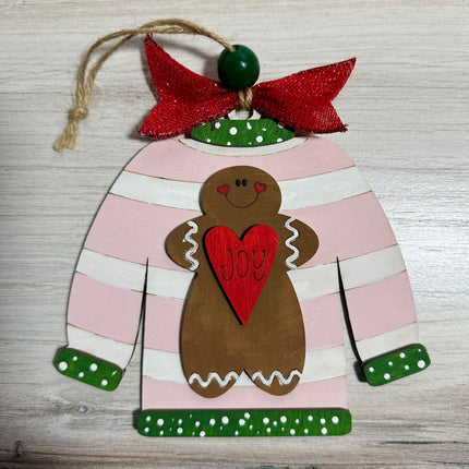 DIY Christmas Sweater with gingerbread wood ornament kit