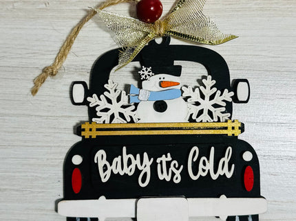 DIY Baby it's Cold snowman in vintage truck wood ornament
