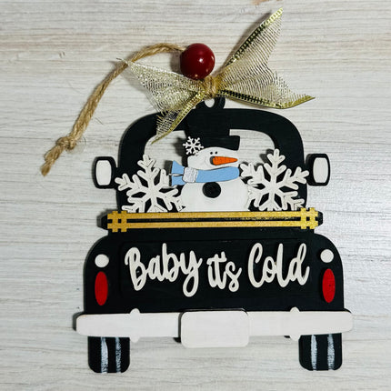 DIY Baby it's Cold snowman in vintage truck wood ornament