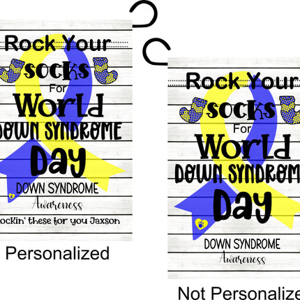 World Down Syndrome Day Garden Flag, Rock Your Socks - Blue and Yellow Ribbon