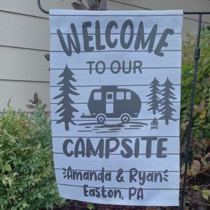 Welcome to our campsite custom camper garden flag, Personalized camp sign, outdoor decor camping, gift for trailer traveling, RV accessory