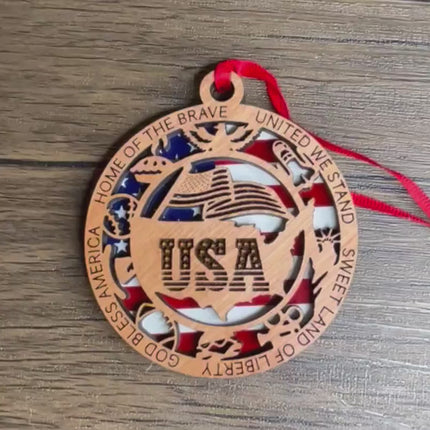 Personalized USA Wood Ornament, Patriotic Holiday Tree decor, commemorative American Flag Christmas Ornament, United States veteran gift