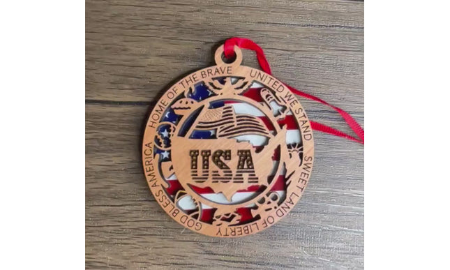 Personalized USA Wood Ornament, Patriotic Holiday Tree decor, commemorative American Flag Christmas Ornament, United States veteran gift
