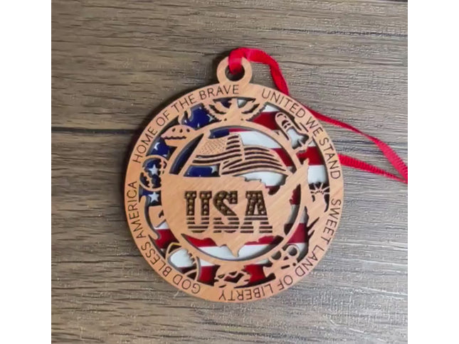 Personalized USA Wood Ornament, Patriotic Holiday Tree decor, commemorative American Flag Christmas Ornament, United States veteran gift