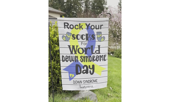 Rock your socks World Down Syndrome Day Garden Flag - Blue and Yellow Down Syndrome support ribbon yard sign - Down right perfect porch sign