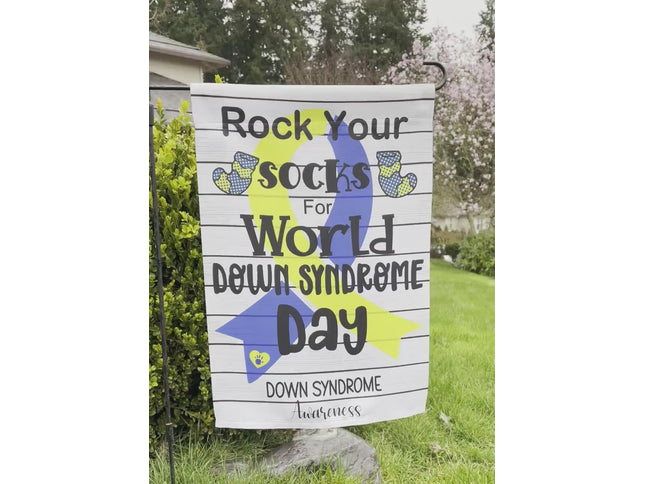 Rock your socks World Down Syndrome Day Garden Flag - Blue and Yellow Down Syndrome support ribbon yard sign - Down right perfect porch sign