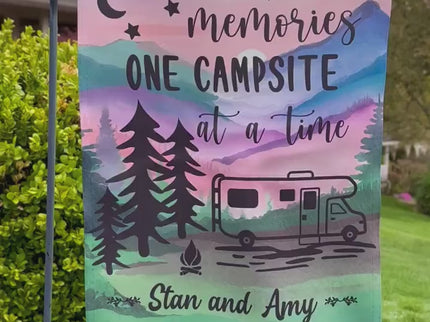 Camper Campsite garden Flag, Personalized bright Camping sign, Camp outdoor Decor, Gift outdoorsman traveler, Custom Decor rv trailer popup