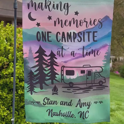 Camper Campsite garden Flag, Personalized bright Camping sign, Camp outdoor Decor, Gift outdoorsman traveler, Custom Decor rv trailer popup