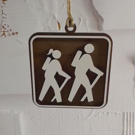 Hiking Christmas Tree Ornament, Female and Male Hikers, National Park Trail Sign Hiker Symbol,, Personalized Keepsake Gift For Backpackers