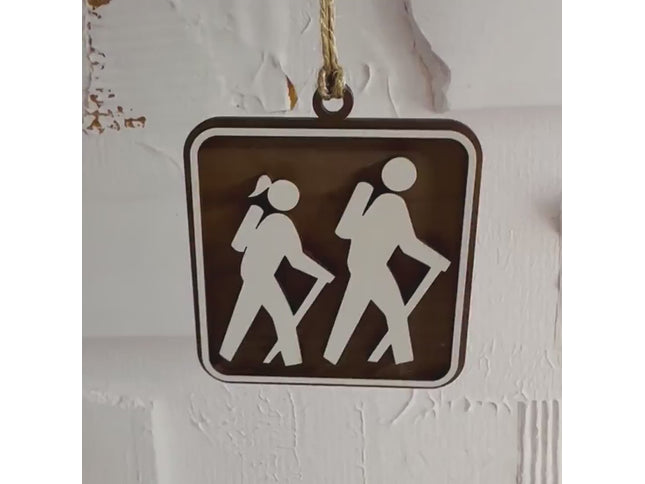 Hiking Christmas Tree Ornament, Female and Male Hikers, National Park Trail Sign Hiker Symbol,, Personalized Keepsake Gift For Backpackers