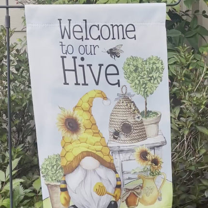 bright honey bee gnome garden flag, sunflowers bee hive gardening decor, garden gifts, welcome to our bee hive yard sign, Spring Summer yard