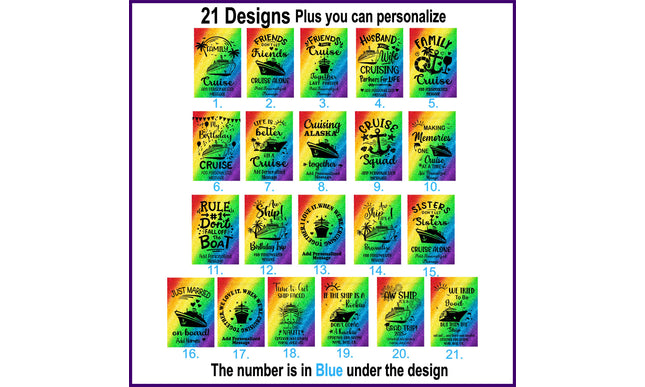 Collection image displaying 21 rainbow-themed magnetic cruise door banner designs. Each banner features bright multicolor backgrounds and playful cruise sayings such as “Friends Don’t Let Friends Cruise Alone,” “Rule #1 Don’t Fall Off the Boat,” “Aw Ship! It’s a Birthday Trip,” and “We Tried to Be Good But Then the Ship Set Sail.” Each design includes personalization options for names, dates, or messages, with the design numbers shown in blue beneath each image.