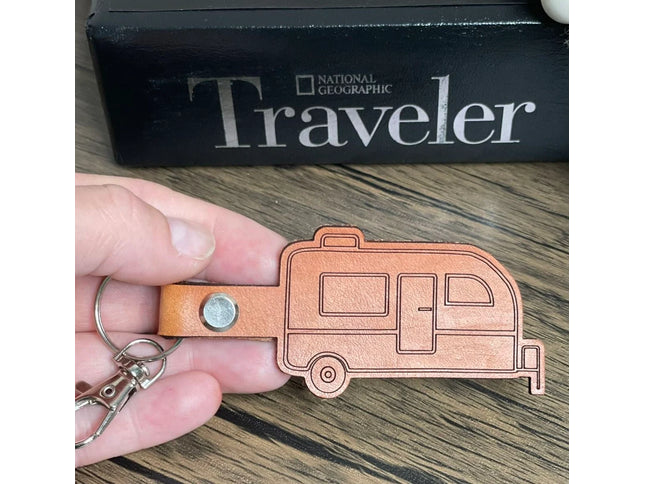 Small travel trailer leather keychain