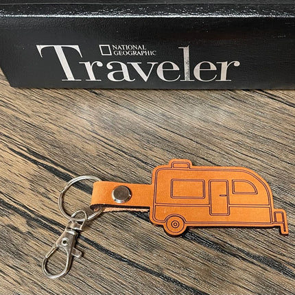 Small travel trailer leather keychain