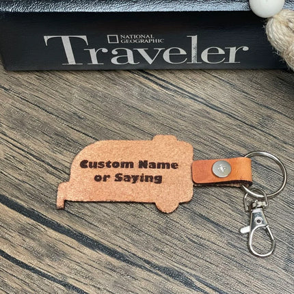 Small travel trailer leather keychain