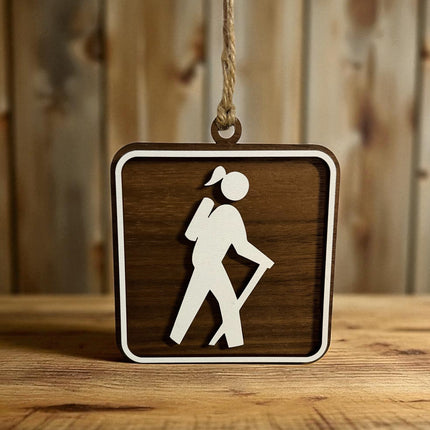 Female Hiker Ornament, Recreational Trail Sign, Gift for Female Backpacker, National Park Icon, Christmas Tree Decor, Personalized Gift, Keepsake