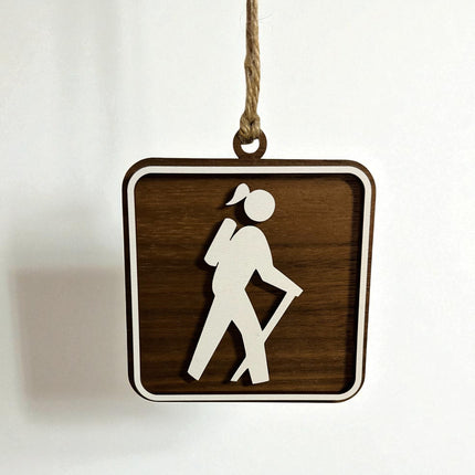 Female Hiker Ornament, Recreational Trail Sign, Gift for Female Backpacker, National Park Icon, Christmas Tree Decor, Personalized Gift, Keepsake