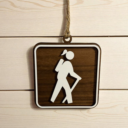 Female Hiker Ornament, Recreational Trail Sign, Gift for Female Backpacker, National Park Icon, Christmas Tree Decor, Personalized Gift, Keepsake